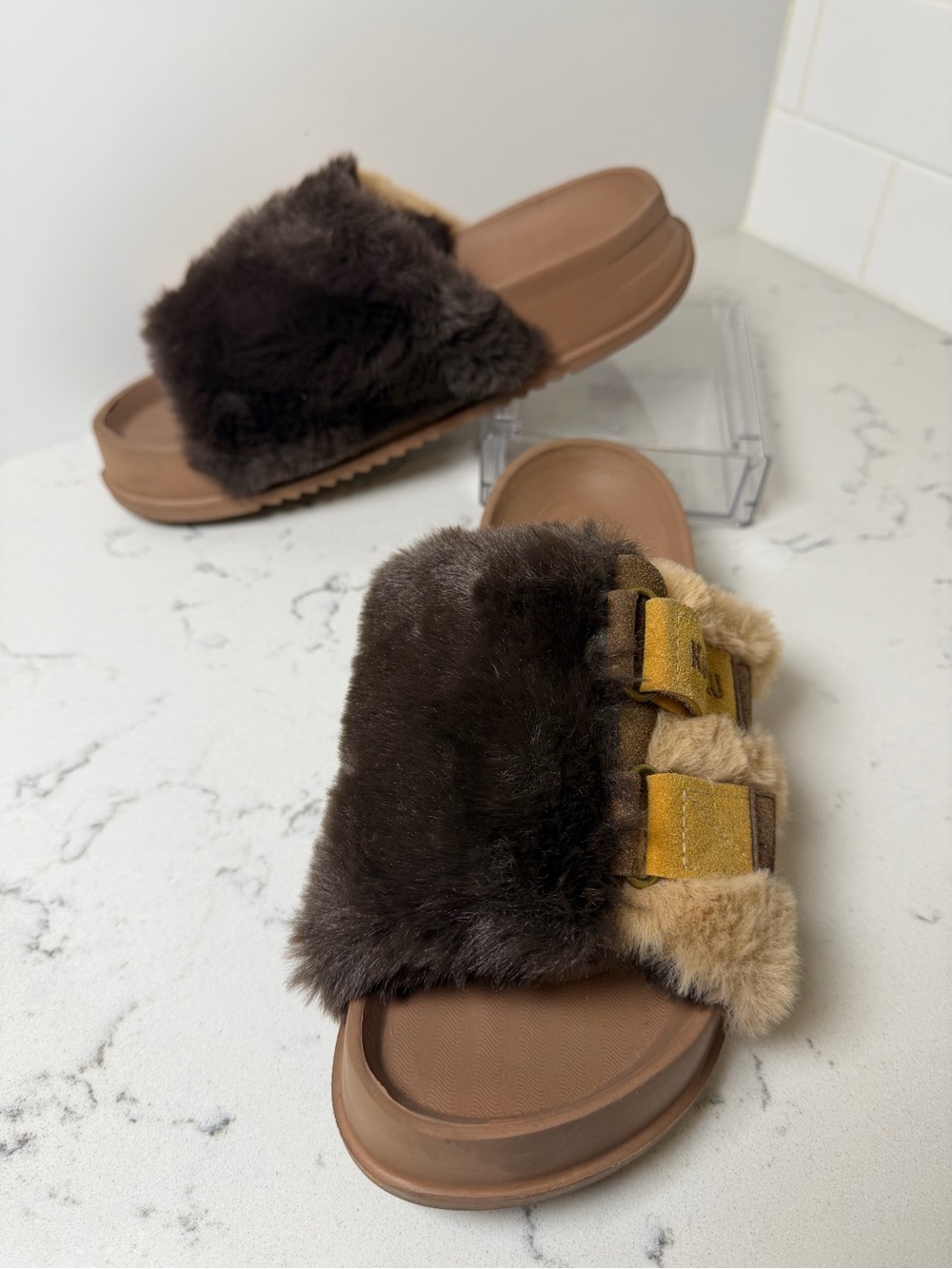 Plush Faux-Fur Slide Sandals in Dark Brown with Buckle Detail